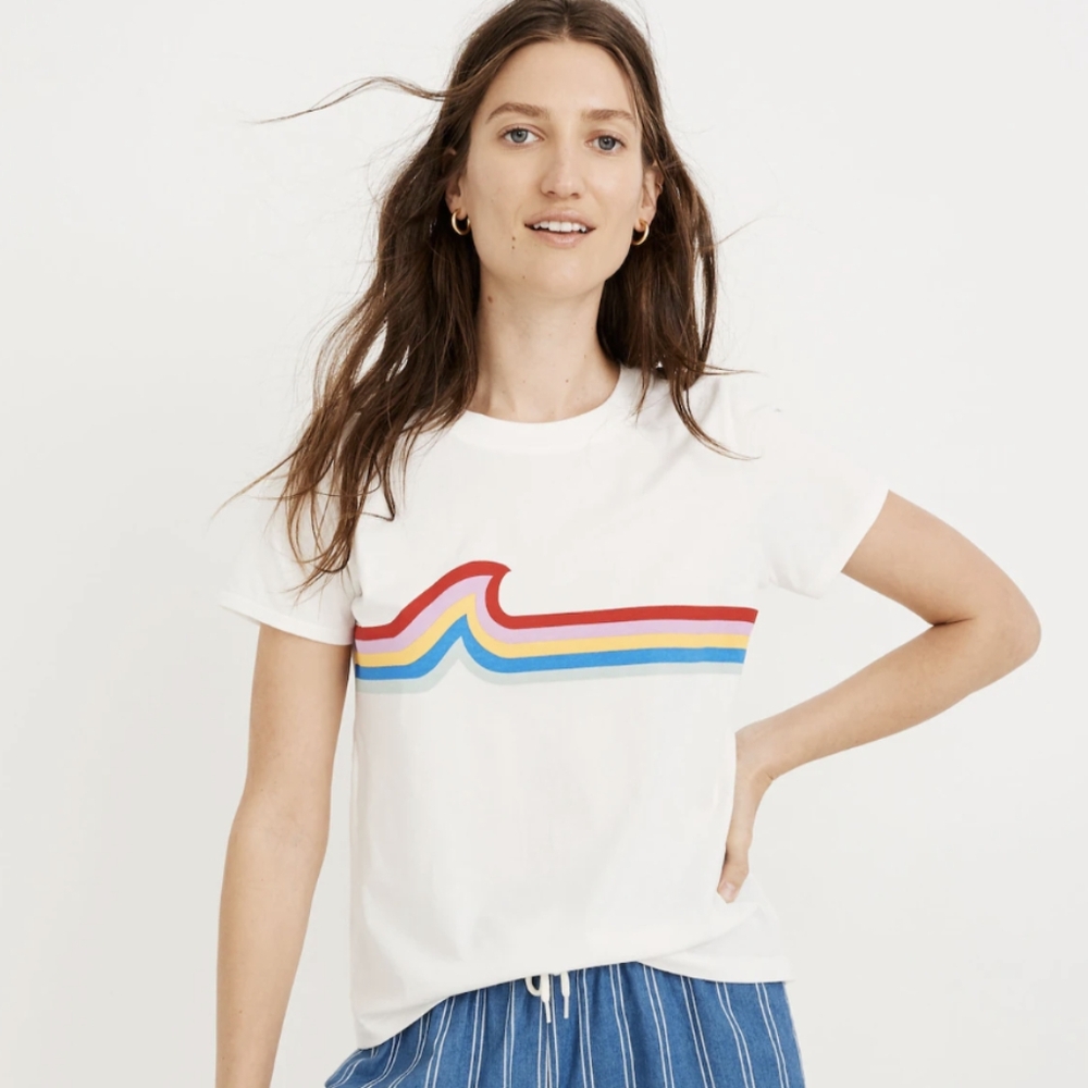 Madewell White T-Shirt with Colorful Wave Design